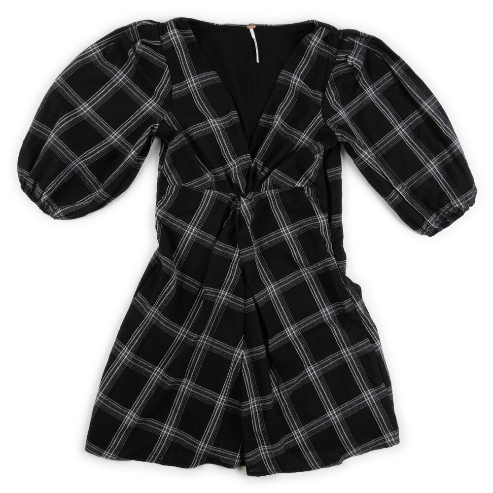 FREE PEOPLE black plaid v-neck dress with puff sleeves size 0